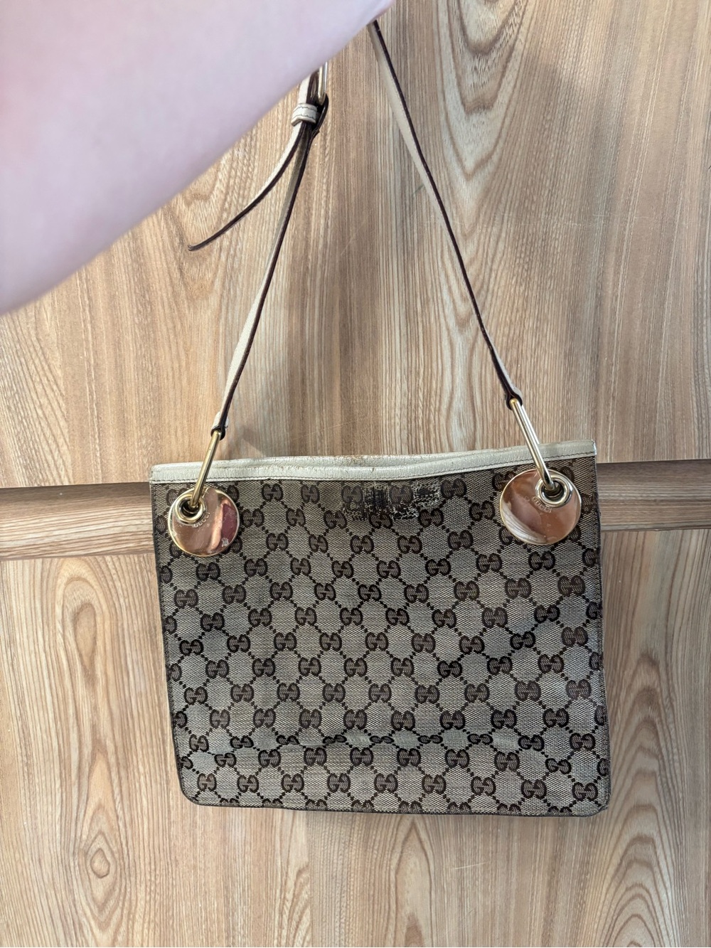 Authentic Gucci GG Canvas Shoulder Bag Leather Trim